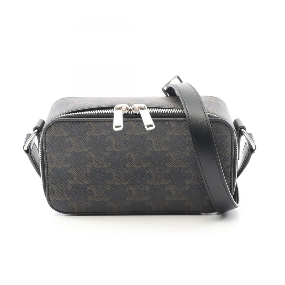Celine Triomphe Shoulder Bag Canvas Leather Black Brown